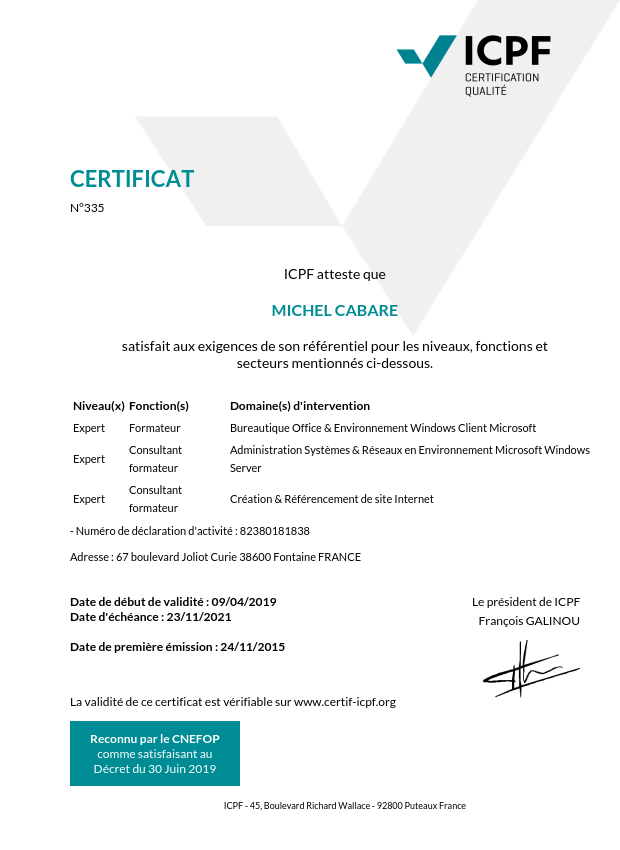 certificat ICPF CNEFOP formateur Expert Bureautique